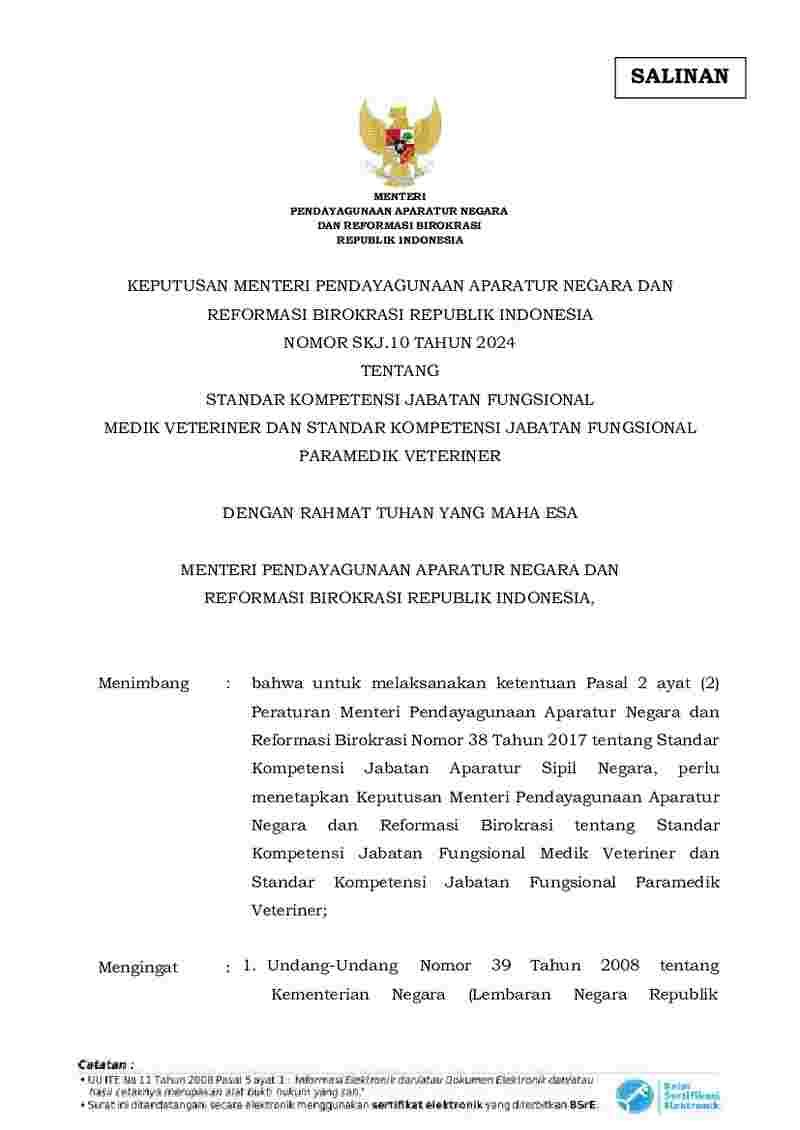Keputusan Menteri Negara Pendayagunaan Aparatur Negara dan Reformasi Birokrasi No SKJ.10 tahun 2024 tentang Standar Kompetensi Jabatan Fungsional Medik Veteriner dan Standar Kompetensi Jabatan Fungsional Paramedik Veteriner