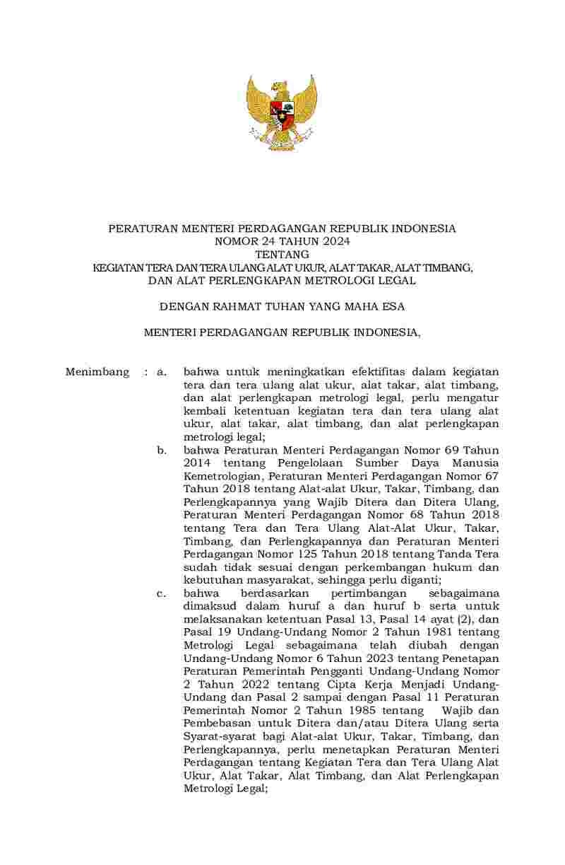 Peraturan Menteri Perdagangan No 24 Tahun 2024 Tentang Kegiatan Tera