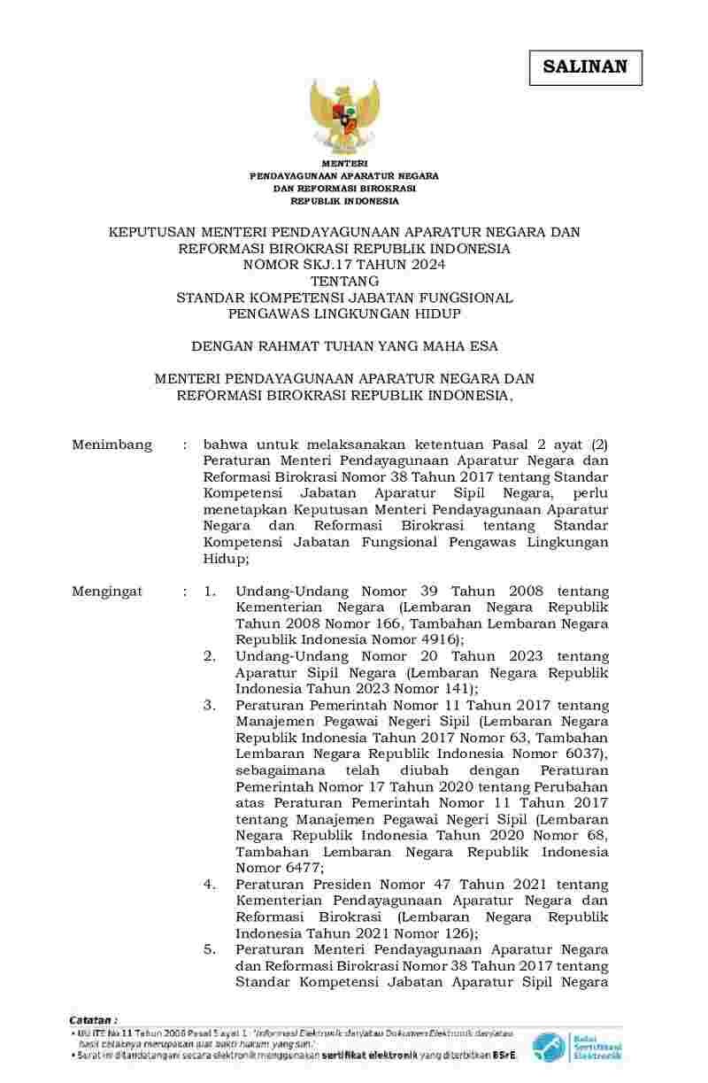 Keputusan Menteri Negara Pendayagunaan Aparatur Negara dan Reformasi Birokrasi No SKJ.17 tahun 2024 tentang Standar Kompetensi Jabatan Fungsional Pengawas Lingkungan Hidup