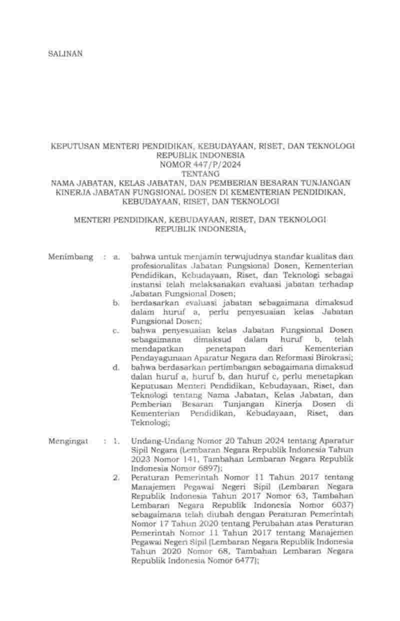 Keputusan Menteri Pendidikan, Kebudayaan, Riset, dan Teknologi  (Dikbudristek) No 447/P/2024 tahun 2024 tentang Nama Jabatan, Kelas Jabatan, dan Pemberian Besaran Tunjangan Kinerja Jabatan Fungsional Dosen di Kementerian Pendidikan, Kebudayaan Riset, dan Teknologi