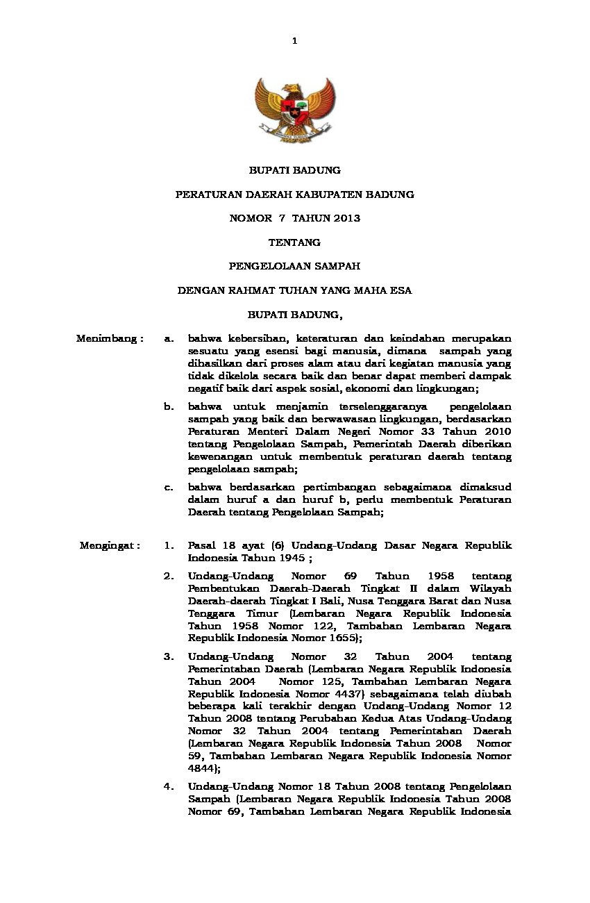 Peraturan Daerah Kabupaten Badung No 7 tahun 2013 tentang Pengelolaan Sampah