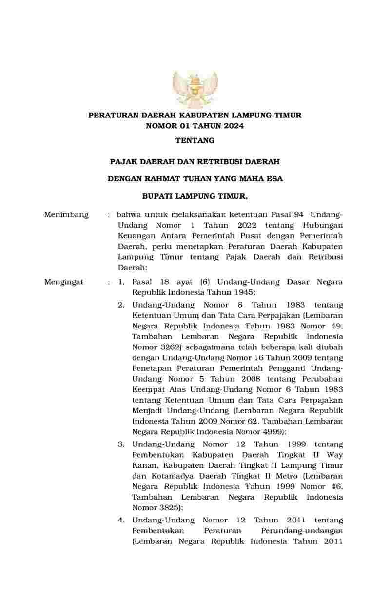 Peraturan Daerah Kabupaten Lampung Timur No 1 tahun 2024 tentang Pajak Daerah dan Retribusi Daerah