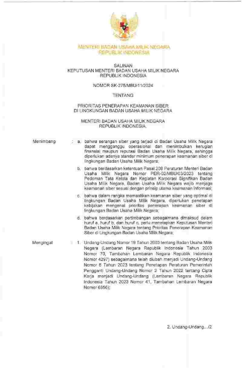 Keputusan Menteri Badan Usaha Milik Negara Bumn No Sk 275 Mbu 11