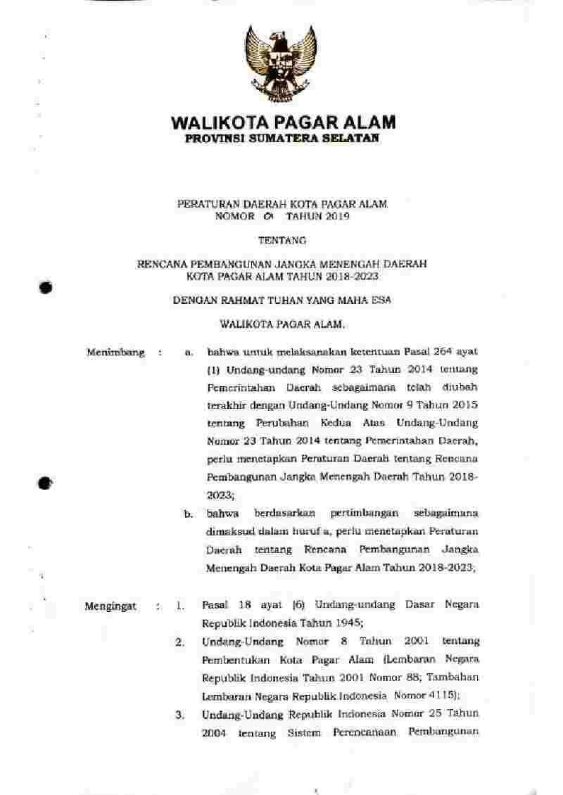 Peraturan Daerah Kota Pagar Alam No 1 tahun 2019 tentang Rencana Pembangunan Jangka Menengah Daerah Kota Pagar Alam Tahun 2018-2023