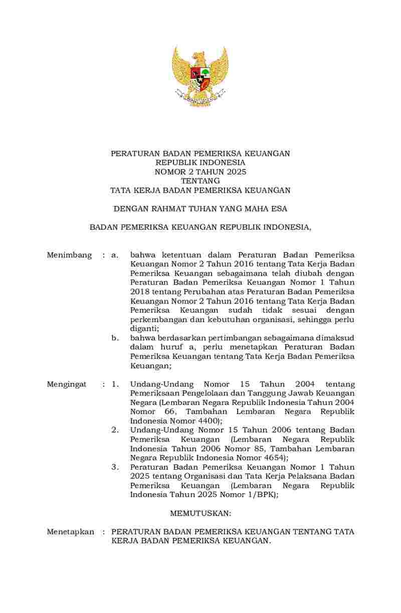 Peraturan Badan Pemeriksa Keuangan RI (BPK-RI) No 2 tahun 2025 tentang Tata Kerja Badan Pemeriksa Keuangan
