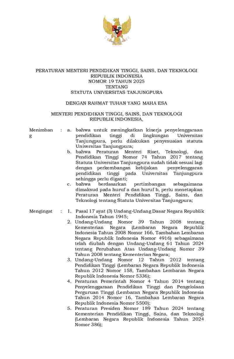 Peraturan Menteri Pendidikan Tinggi, Sains, dan Teknologi No 19 tahun ...