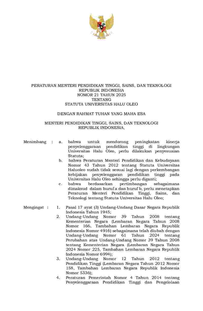 Peraturan Menteri Pendidikan Tinggi, Sains, dan Teknologi No 21 tahun ...