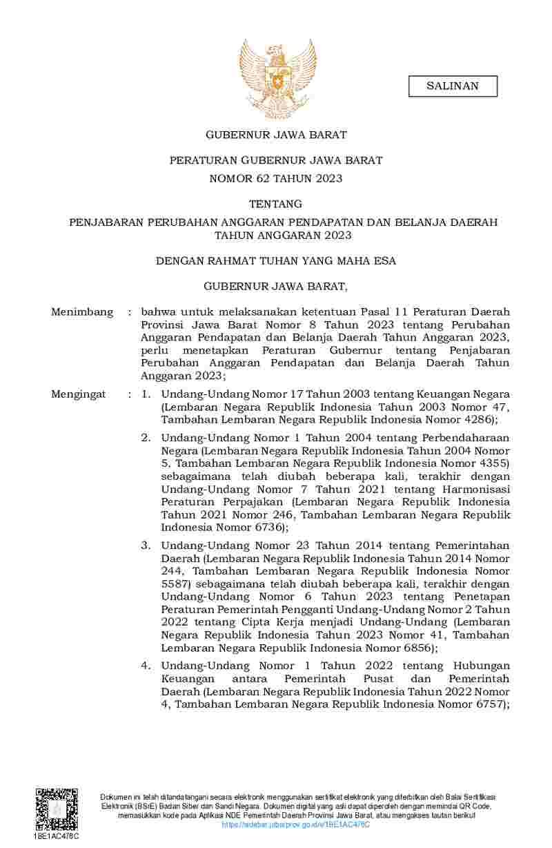 Peraturan Gubernur Jawa Barat No 62 tahun 2023 tentang Penjabaran Perubahan Anggaran Pendapatan dan Belanja Daerah Tahun Anggaran 2023