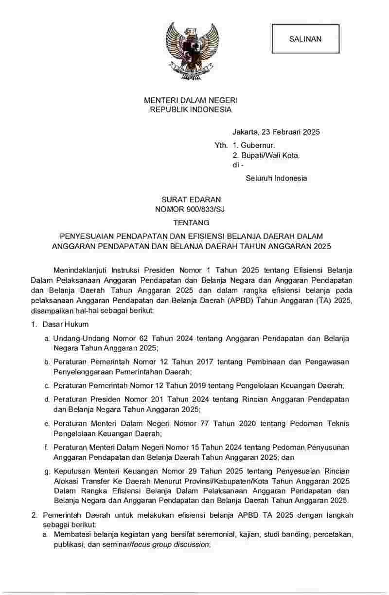 Surat Edaran Menteri Dalam Negeri No 900/833/SJ tahun 2025 tentang Penyesuaian Pendapatan dan Efisiensi Belanja Daerah dalam Anggaran Pendapatan dan Belanja Daerah Tahun Anggaran 2025 