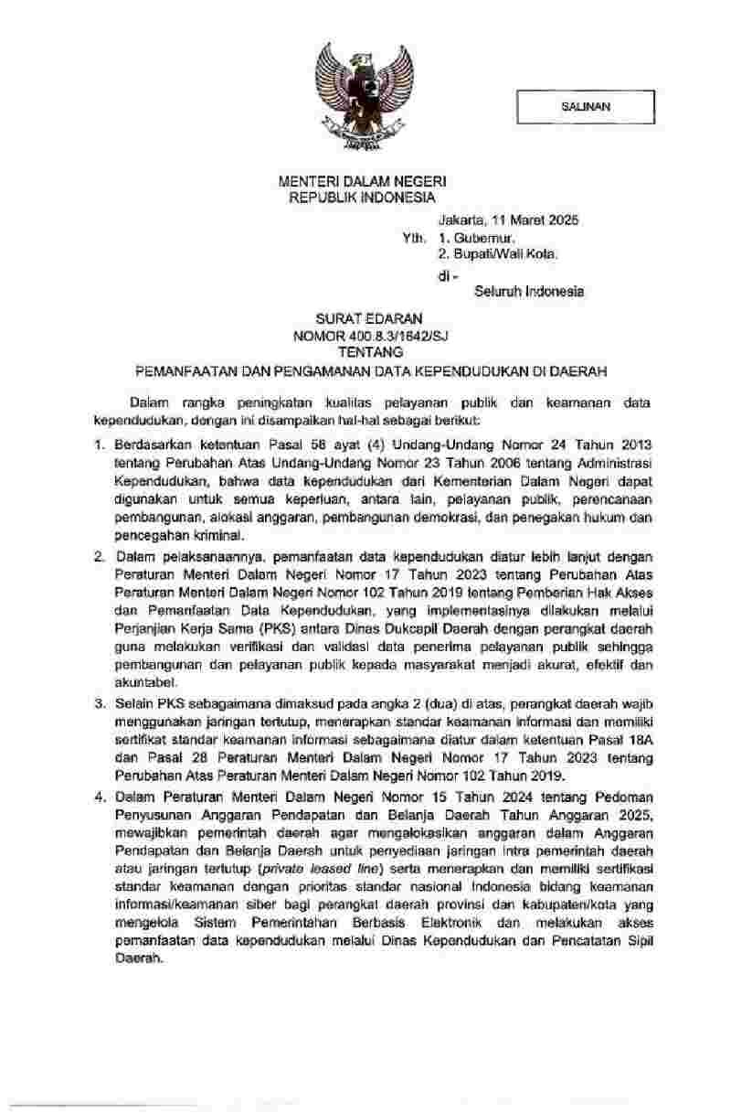 Surat Edaran Menteri Dalam Negeri No 400.8.3/1642/SJ tahun 2025 tentang Pemanfaatan dan Pengamanan Data Kependudukan di Daerah