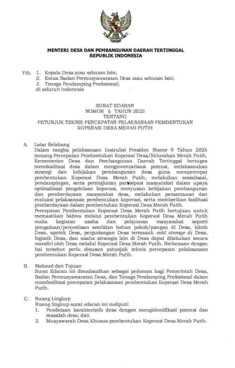 Surat Edaran Menteri Desa, Pembangunan Daerah Tertinggal, dan Transmigrasi No 6 tahun 2025 tentang Petunjuk Teknis Percepatan Pelaksanaan Pembentukan Koperasi Desa Merah Putih