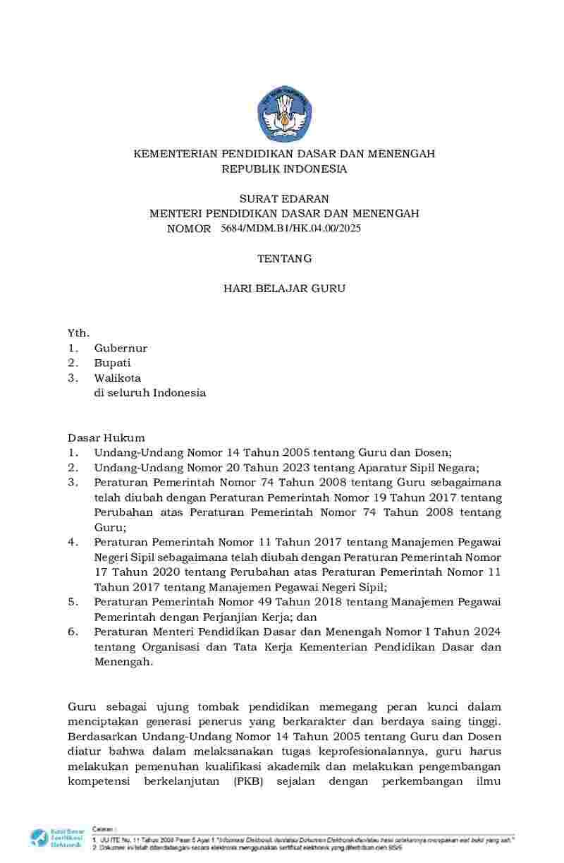 Surat Edaran Menteri Pendidikan Dasar dan Menengah No 5684/MDM.B1/HK.04.00/2025 tahun 2025 tentang Hari Belajar Guru