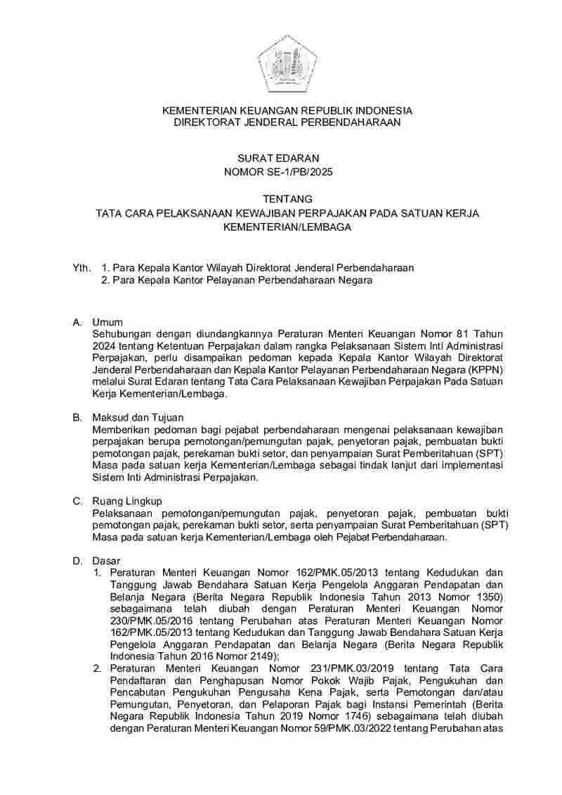 Surat Edaran Dirjen Perbendaharaan No SE-1/PB/2025 tahun 2025 tentang Tata Cara Pelaksanaan Kewajiban Perpajakan pada Satuan Kerja Kementerian/Lembaga