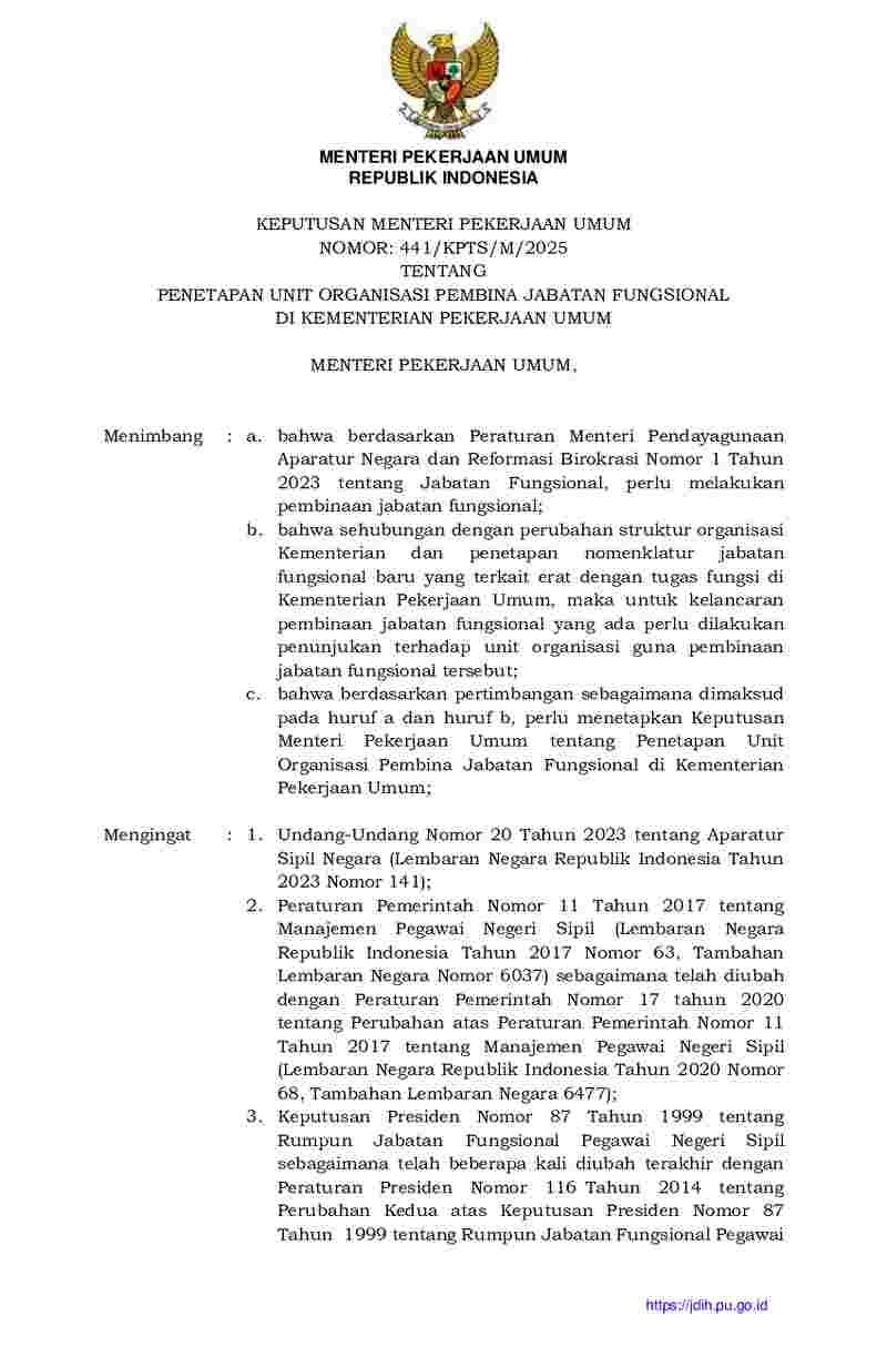 Keputusan Menteri Pekerjaan Umum No 441/KPTS/M/2025 tahun 2025 tentang Penetapan Unit Organiasasi Pembina Jabatan Fungsional di Kementerian Pekerjaan Umum