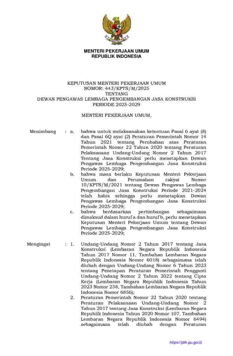 Keputusan Menteri Pekerjaan Umum No 443/KPTS/M/2025 tahun 2025 tentang Dewan Pengawas Lembaga Pengembangan Jasa Konstruksi Periode 2025-2029