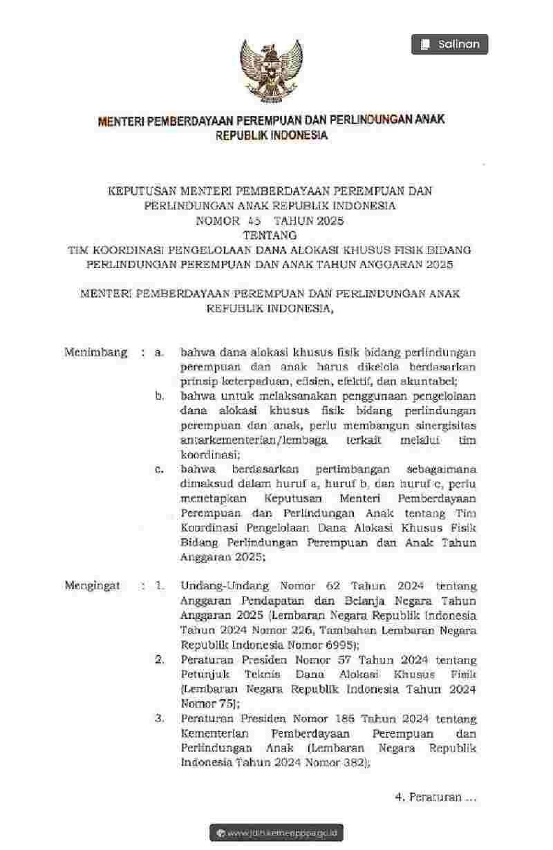 Keputusan Menteri Pemberdayaan Perempuan Dan Perlindungan Anak No 45 tahun 2025 tentang Tim Koordinasi Pengelolaan Dana Alokasi Khusus Fisik Bidang Perlindungan Perempuan dan Anak Tahun Anggaran 2025