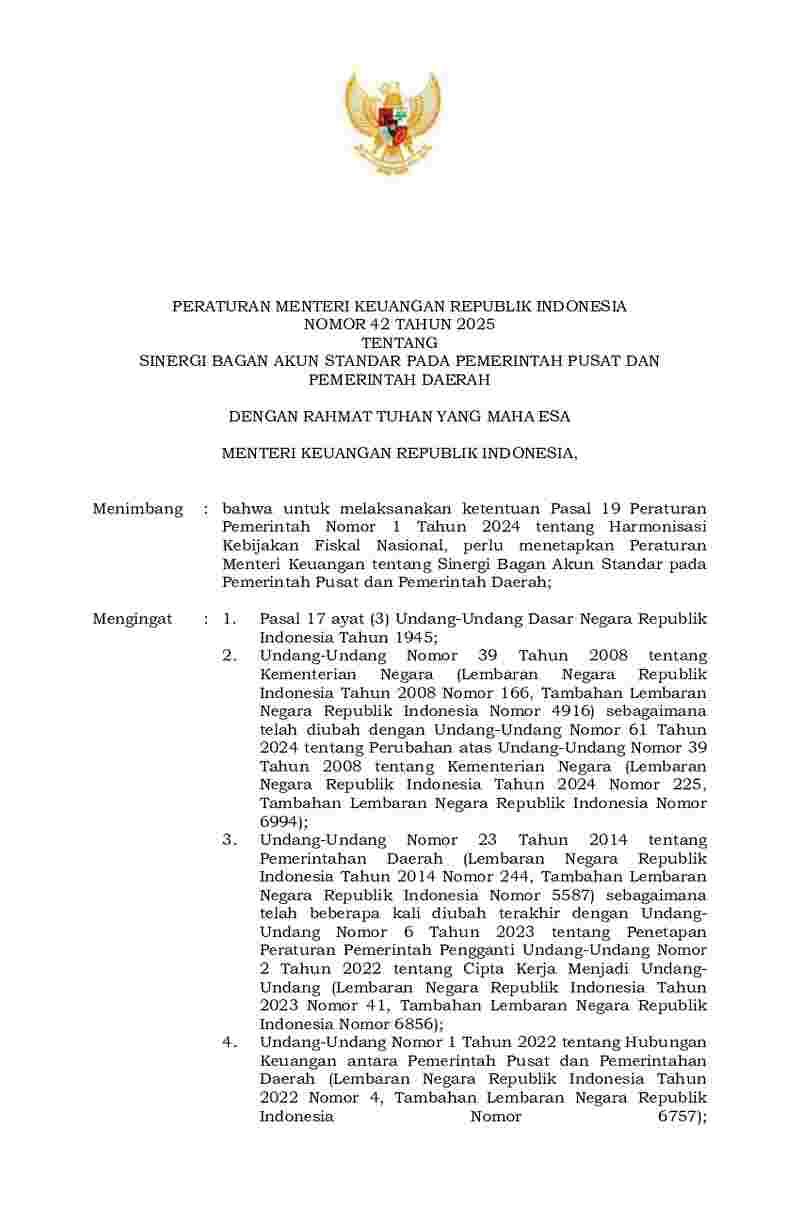 Peraturan Menteri Keuangan No 42 tahun 2025 tentang Sinergi Bagan Akun Standar pada Pemerintah Pusat dan Pemerintah Daerah