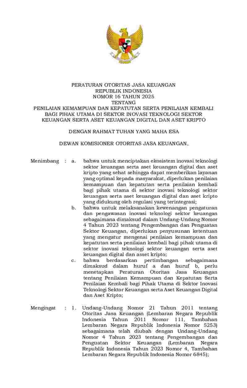 Peraturan Otoritas Jasa Keuangan (OJK) No 16 tahun 2025 tentang Penilaian Kemampuan dan Kepatutan serta Penilaian Kembali Bagi Pihak Utama di Sektor Inovasi Teknologi Sektor Keuangan serta Aset Keuangan Digital dan Aset Kripto