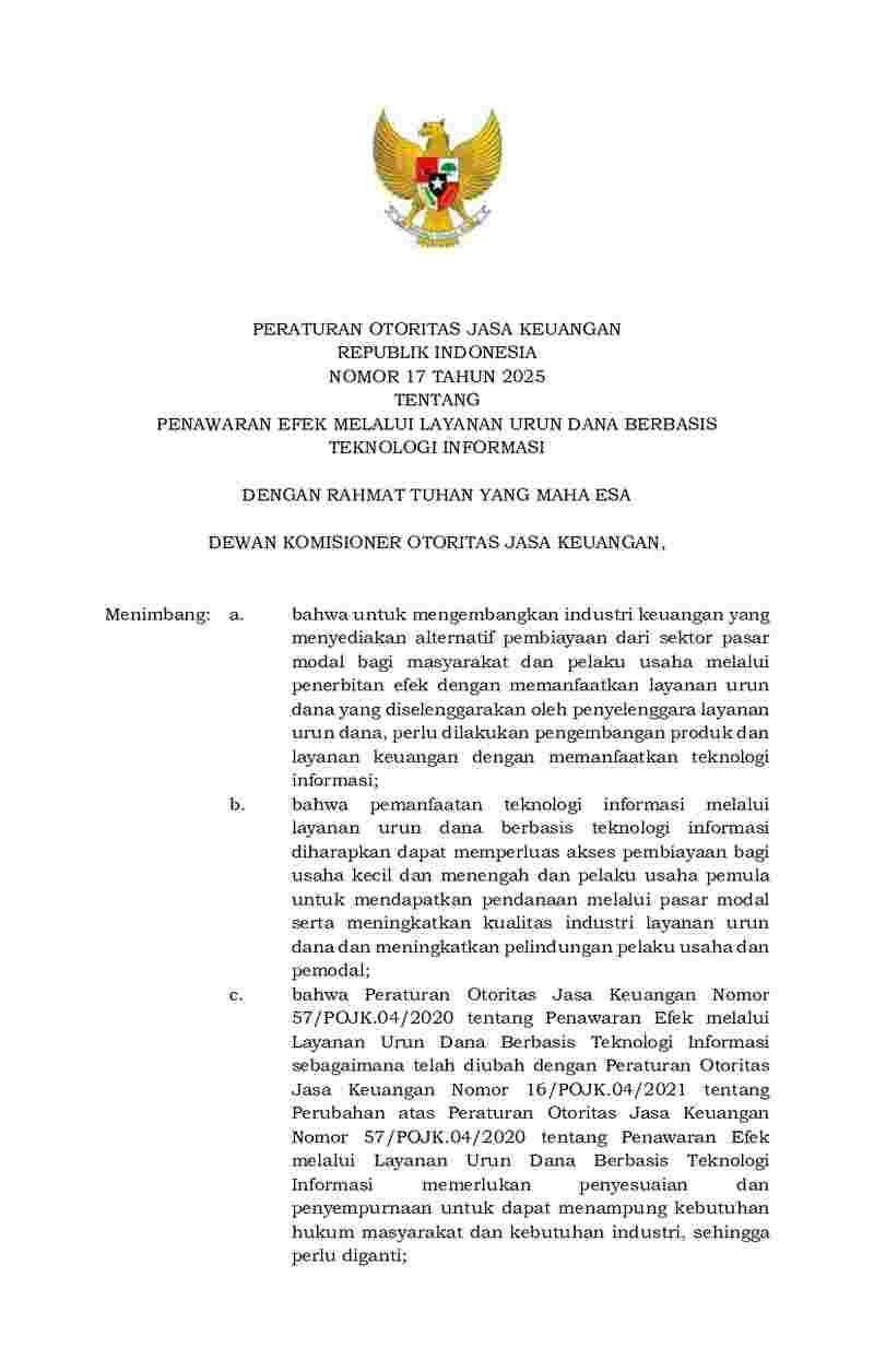 Peraturan Otoritas Jasa Keuangan (OJK) No 17 tahun 2025 tentang Penawaran Efek melalui Layanan Urun Dana Berbasis Teknologi Informasi