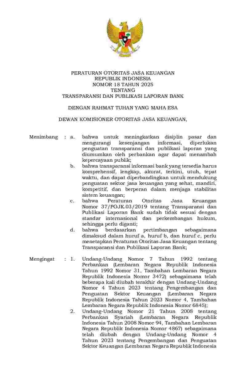 Peraturan Otoritas Jasa Keuangan (OJK) No 18 tahun 2025 tentang Transparansi dan Publikasi Laporan Bank
