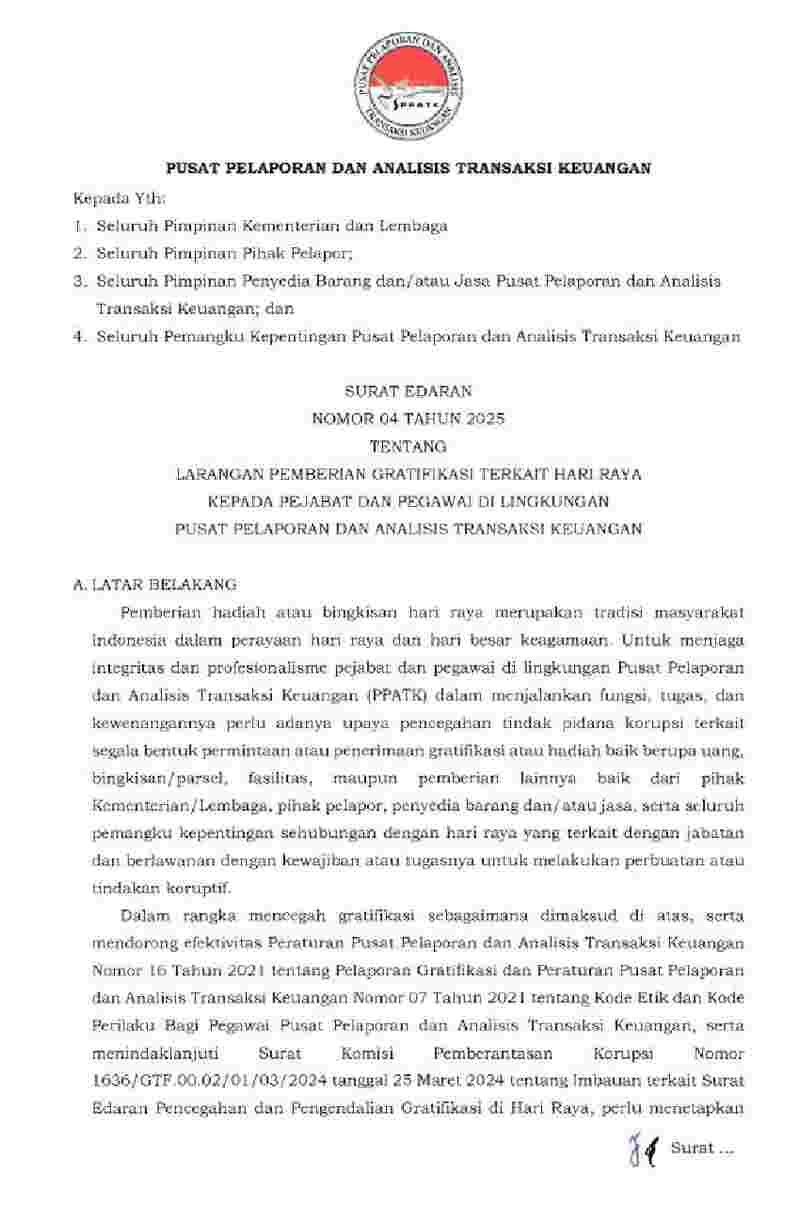 Surat Edaran Kepala Pusat Pelaporan dan Analisis Transaksi Keuangan (PPATK) No 4 tahun 2025 tentang Larangan Pemberian Gratifikasi Terkait Hari Raya kepada Pejabat dan Pegawai di Lingkungan Pusat Pelaporan dan Analisis Transaksi Keuangan 