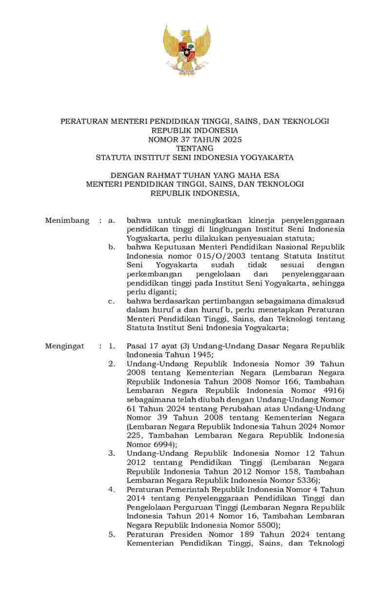 Peraturan Menteri Pendidikan Tinggi, Sains, dan Teknologi No 37 tahun ...