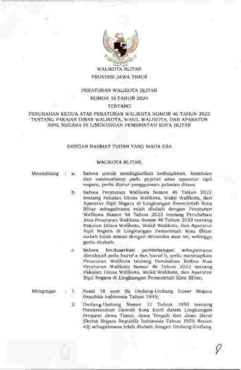 Peraturan Walikota Blitar No 18 tahun 2024 tentang Perubahan Kedua atas Peraturan Walikota Nomor 46 Tahun 2022 tentang Pakaian Dinas Walikota, Wakil Walikota, dan Aparatur Sipil Negara di Lingkungan Pemerintah Kota Blitar 