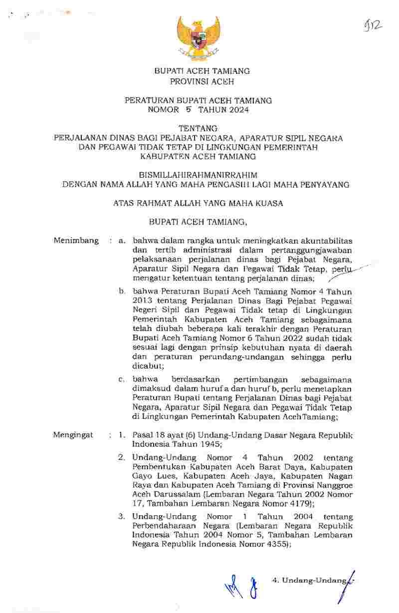 Peraturan Bupati Aceh Tamiang No 5 tahun 2024 tentang Perjalanan Dinas bagi Pejabat Negara, Aparatur Sipil Negara dan Pegawai Tidak Tetap di Lingkungan Pemerintah Kabupaten Aceh Tamiang