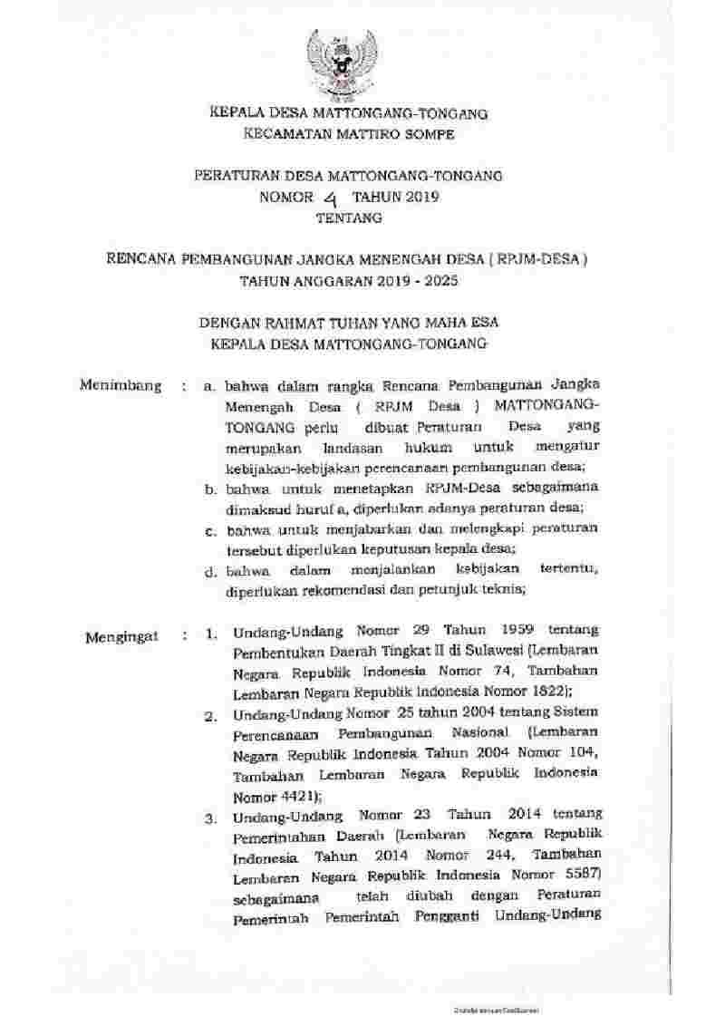 Peraturan Daerah Kabupaten Pinrang No 4 tahun 2019 tentang Rencana Pembangunan Jangka Menengah Desa (Rpjm-Desa) Tahun Anggaran 2019-2025