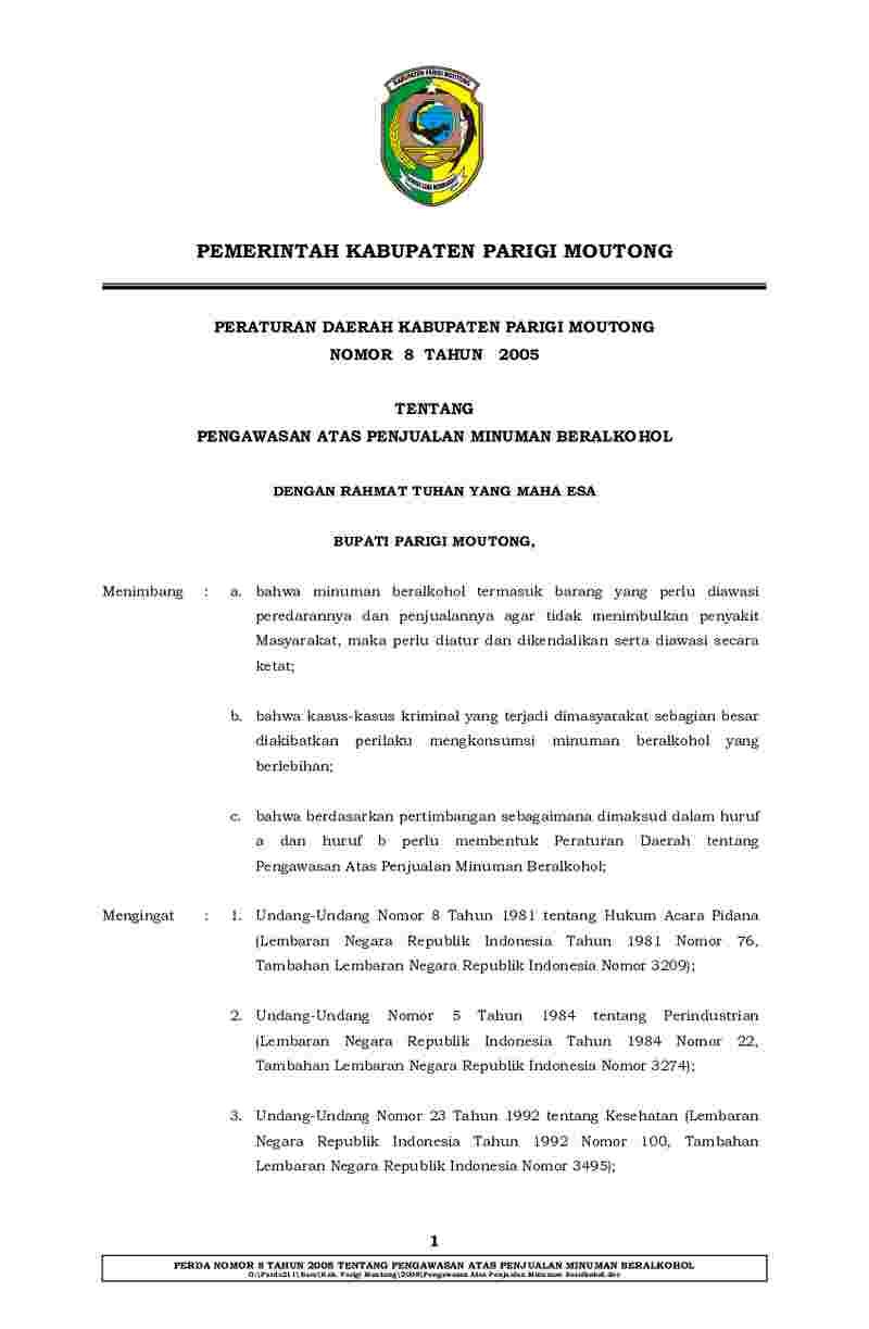 Peraturan Daerah Kabupaten Parigi Moutong No 8 tahun 2005 tentang Pengawasan atas Penjualan Minuman Beralkohol