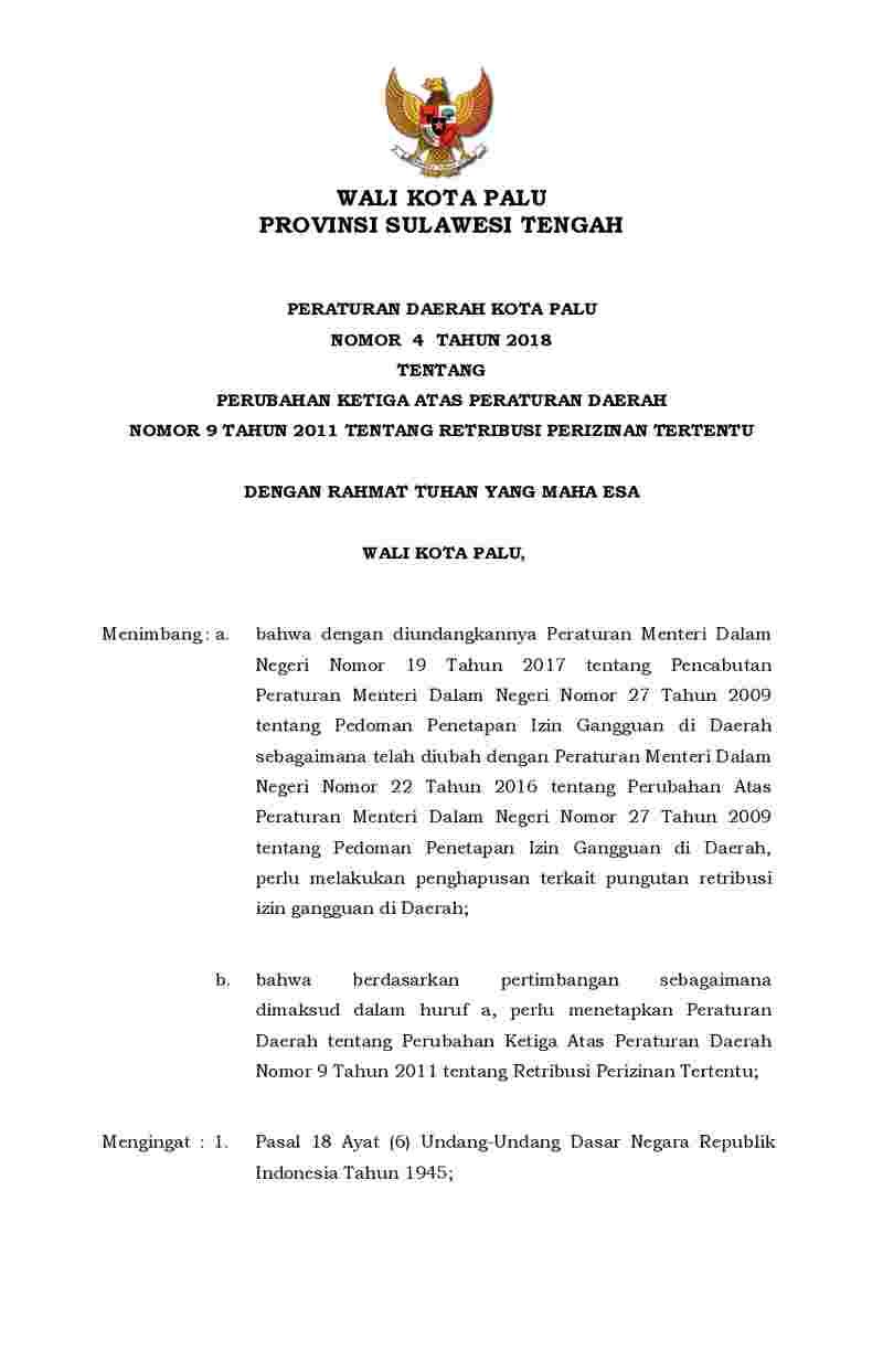 Peraturan Daerah Kota Palu No 4 tahun 2018 tentang Perubahan Ketiga atas Peraturan Daerah Nomor 9 Tahun 2011 tentang Retribusi Perizinan Tertentu