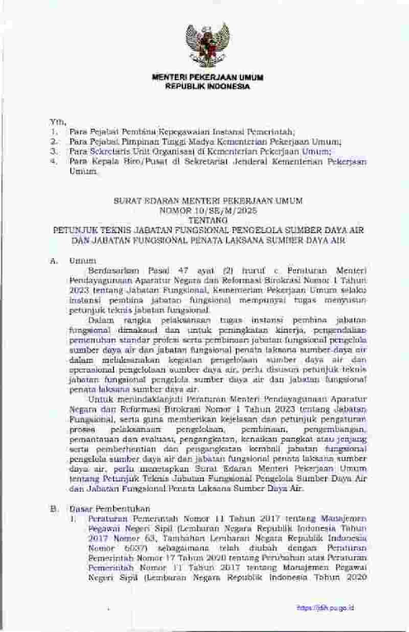 Surat Edaran Menteri Pekerjaan Umum No 10/SE/M/2025 tahun 2025 tentang Petunjuk Teknis Jabatan Fungsional Pengelola Sumber Daya Air dan Jabatan Fungsional Penata Laksana Sumber Daya Air