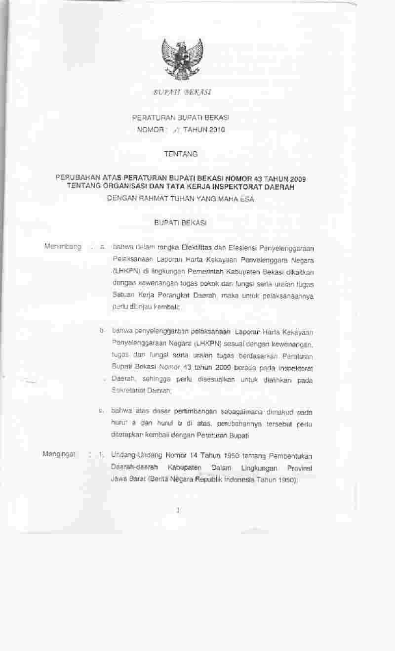 Peraturan Bupati Bekasi No 37 tahun 2010 tentang Perubahan atas Peraturan Bupati Bekasi Nomor 43 Tahun 2009 tentang Organisasi dan Tata Kerja Inspektorat Daerah 