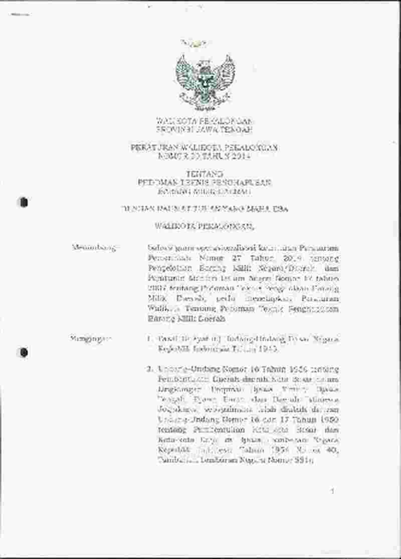 Peraturan Walikota Pekalongan No 30 tahun 2014 tentang Pedoman Teknis Penghapusan Barang Milik Daerah
