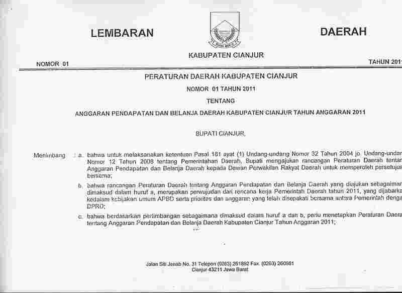 Peraturan Daerah Kabupaten Cianjur No 1 tahun 2011 tentang Anggaran Pendapatan dan Belanja Daertah Kabupaten Cianjur Tahun Anggaran 2011