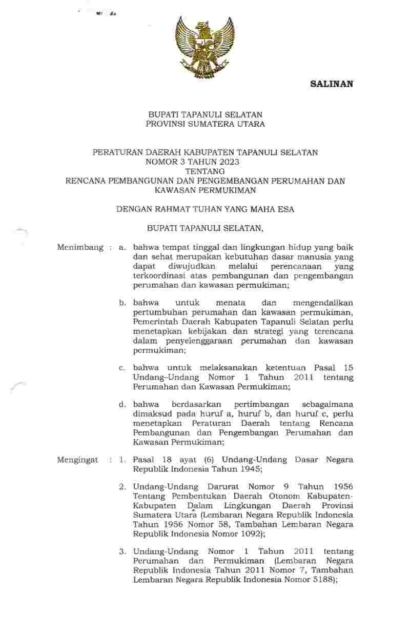 Peraturan Daerah Kabupaten Tapanuli Selatan No 3 tahun 2023 tentang Rencana Pembangunan dan Pengembangan Perumahan dan Kawasan Permukiman