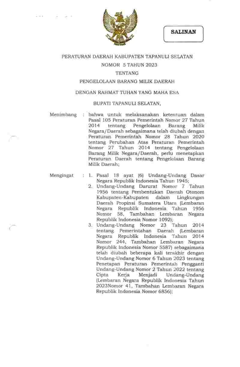 Peraturan Daerah Kabupaten Tapanuli Selatan No 5 tahun 2023 tentang Pengelolaan Barang Milik Daerah