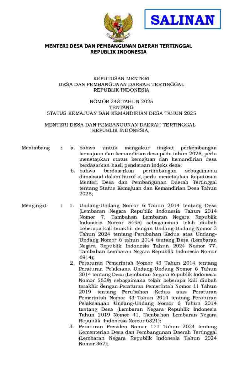 Keputusan Menteri Desa dan Pembangunan Daerah Tertinggal No 343 tahun 2025 tentang Status Kemajuan dan Kemandirian Desa Tahun 2025