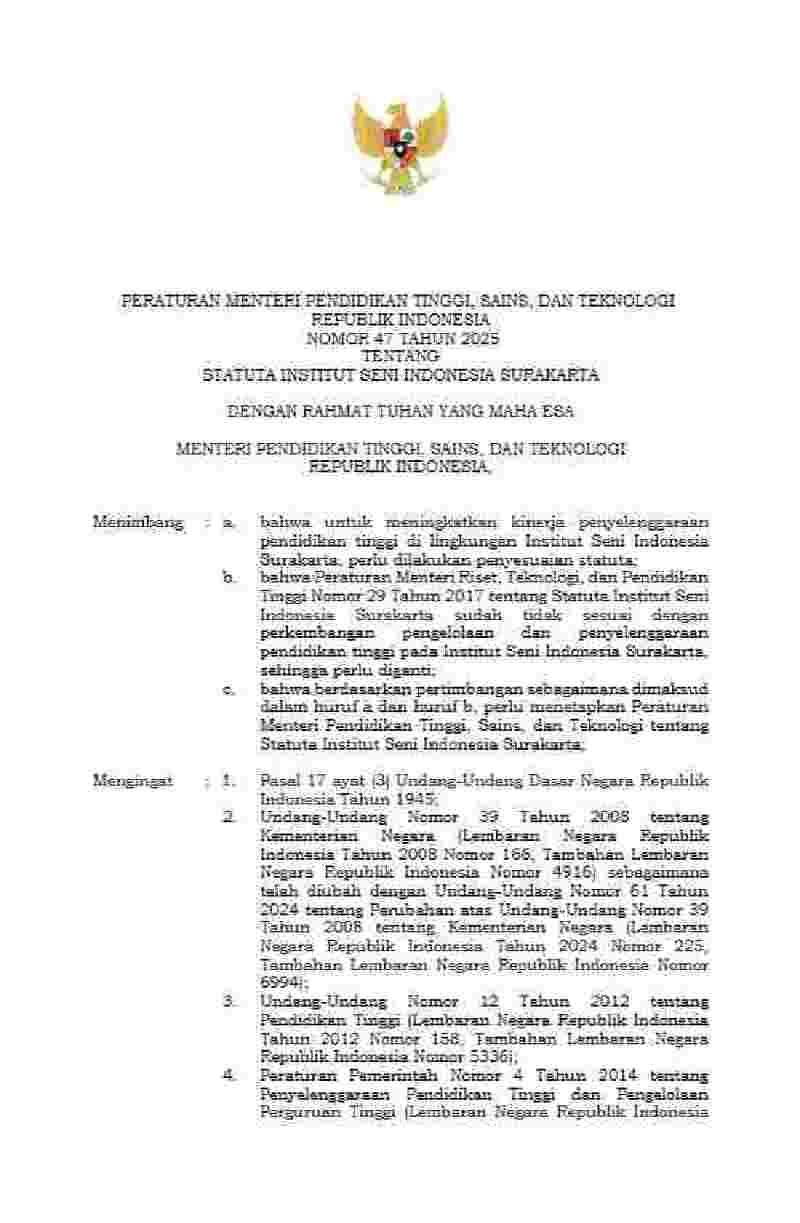 Peraturan Menteri Pendidikan Tinggi, Sains, dan Teknologi No 47 tahun ...