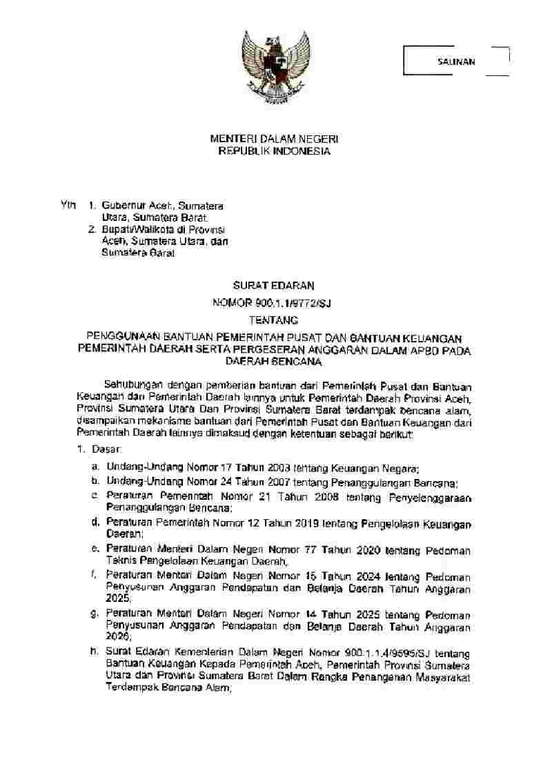 Surat Edaran Menteri Dalam Negeri No 900.1.1/9772/SJ tahun 2025 tentang Penggunaan Bantuan Pemerintah Pusat dan Bantuan Keuangan Pemerintah Daerah serta Pergeseran Anggaran dalam APBD pada Daerah Bencana
