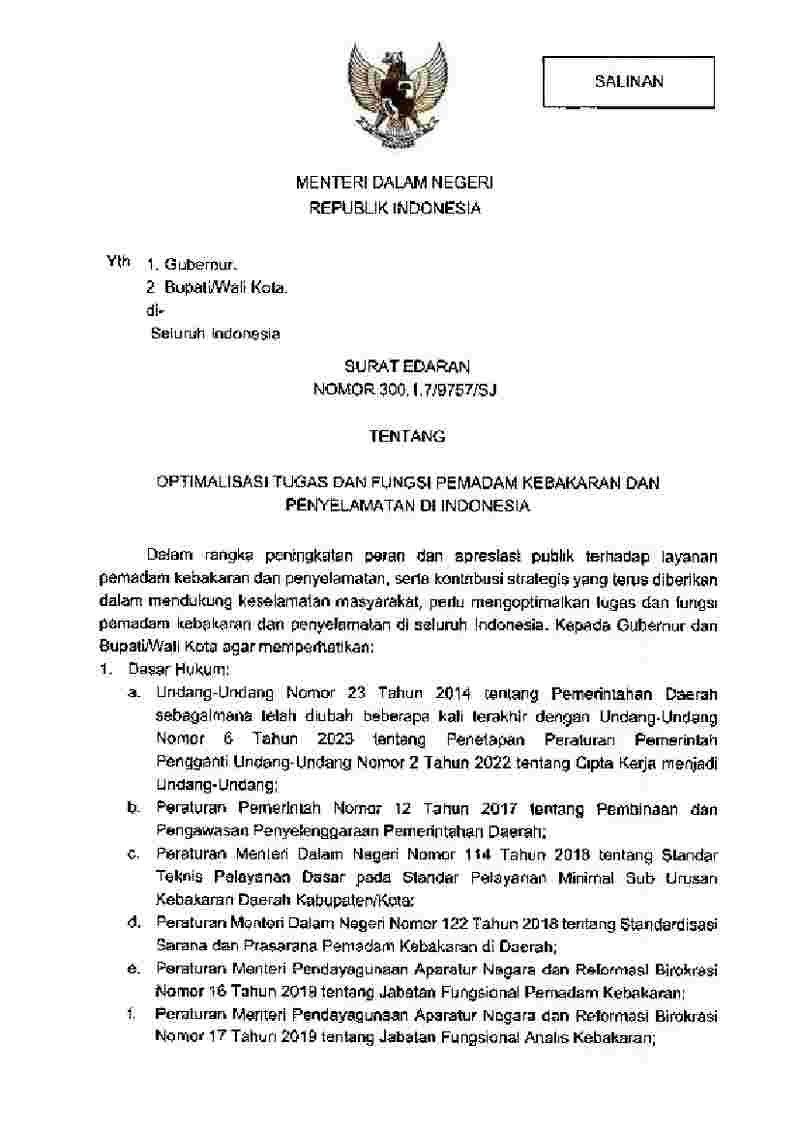 Surat Edaran Menteri Dalam Negeri No 300.1.7/9757/SJ tahun 2025 tentang Optimalisasi Tugas dan Fungsi Pemadam Kebakaran dan Penyelamatan di Indonesia