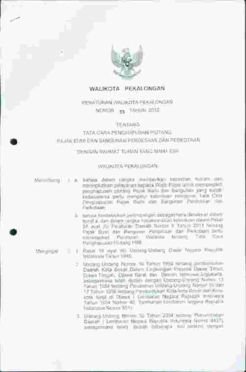 Peraturan Walikota Pekalongan No 33 tahun 2012 tentang Tata Cara Penghapusan Piutang Pajak Bumi dan Bangunan Perdesaan dan Perkotaan 