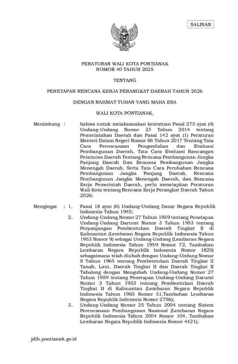 Peraturan Walikota Pontianak No 40 tahun 2025 tentang Penetapan Rencana Kerja Perangkat Daerah Tahun 2026