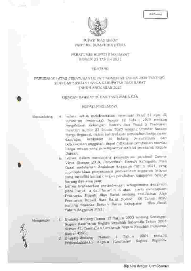Peraturan Bupati Nias Barat No 23 tahun 2021 tentang Perubahan atas Peraturan Bupati Nomor 58 Tahun 2020 tentang Standar Satuan Harga Kabupaten Nias Barat Tahun Anggaran 2021