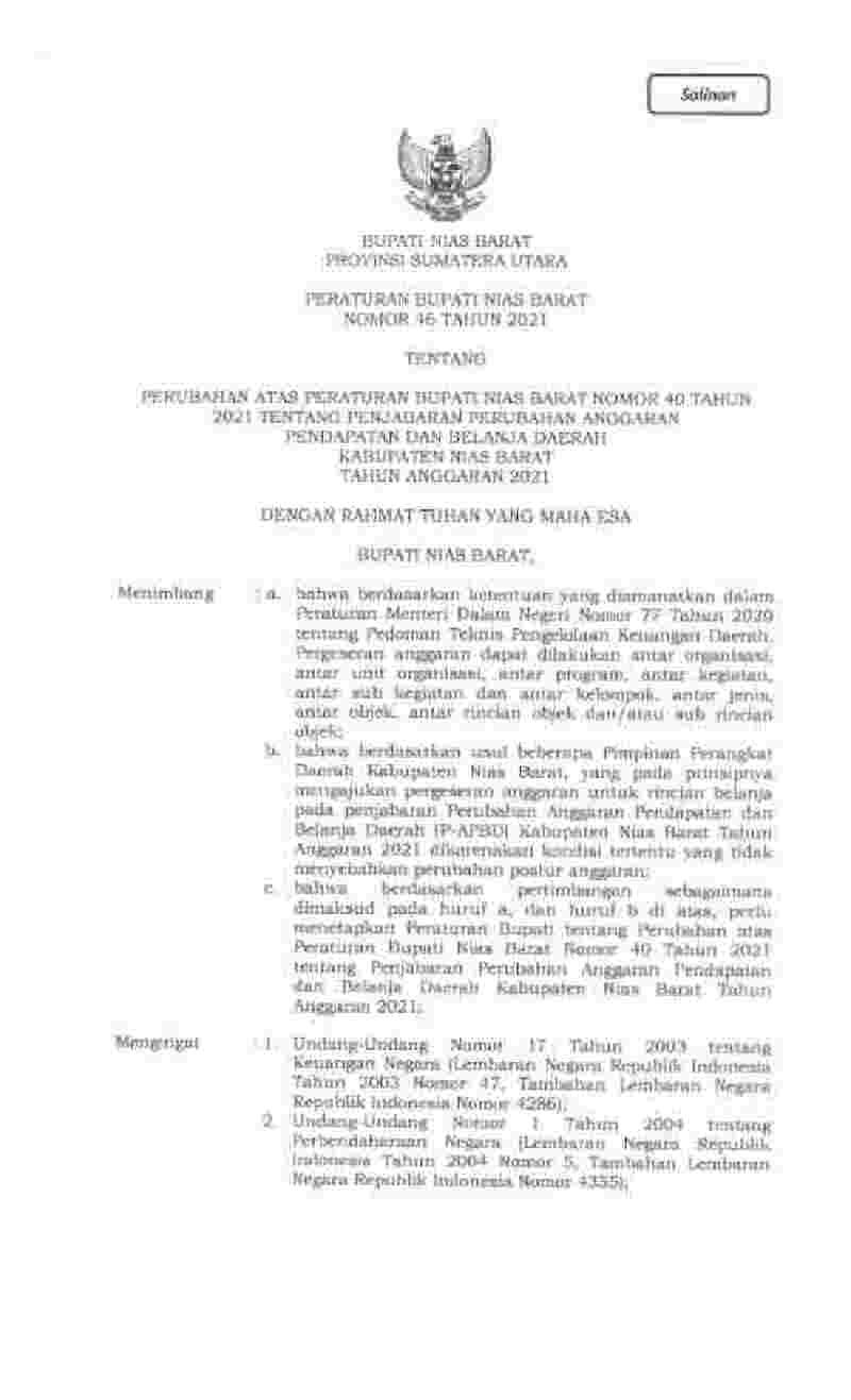 Peraturan Bupati Nias Barat No 46 tahun 2021 tentang Perubahan atas Peraturan Bupati Nias Barat Nomor 40 Tahun 2021 tentang Penjabaran Perubahan Anggaran Pendapatan dan Belanja Daerah Kabupaten Nias Barat Tahun Anggaran 2021