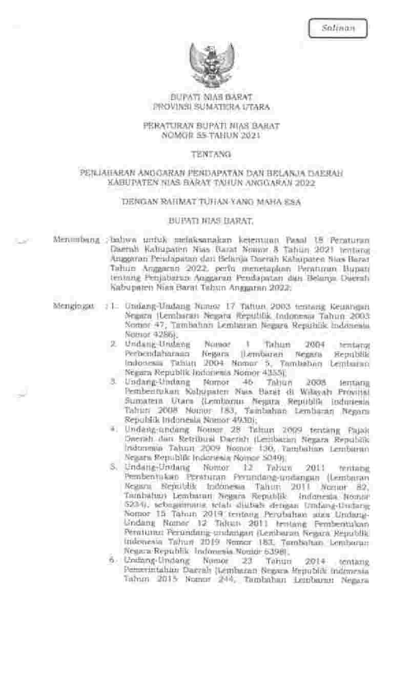 Peraturan Bupati Nias Barat No 55 tahun 2021 tentang Penjabaran Anggaran Pendapatan dan Belanja Daerah Kabupaten Nias Barat Tahun Anggaran 2022