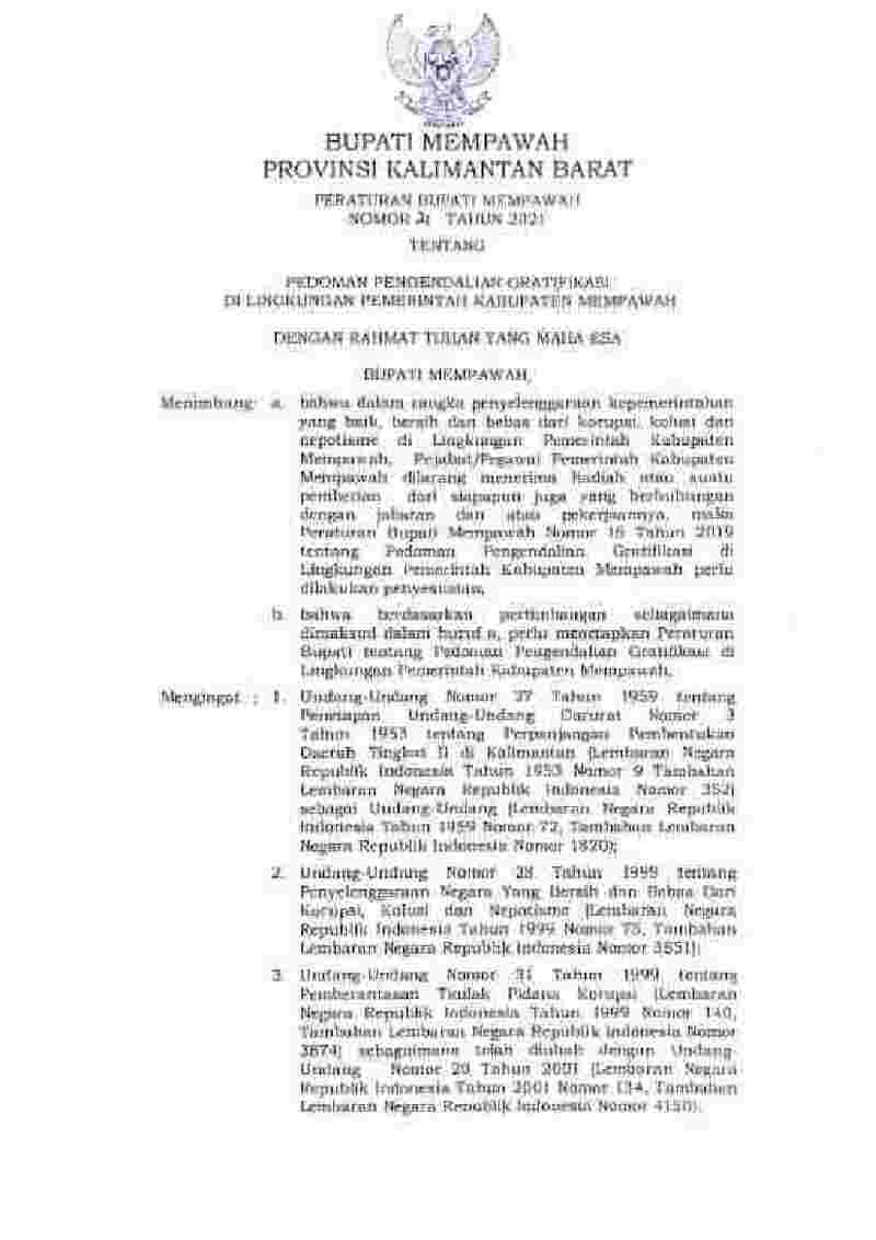 Peraturan Bupati Mempawah No 21 tahun 2021 tentang Pedoman Pengendalian Gratifikasi di Lingkungan Pemerintah Kabupaten Mempawah 