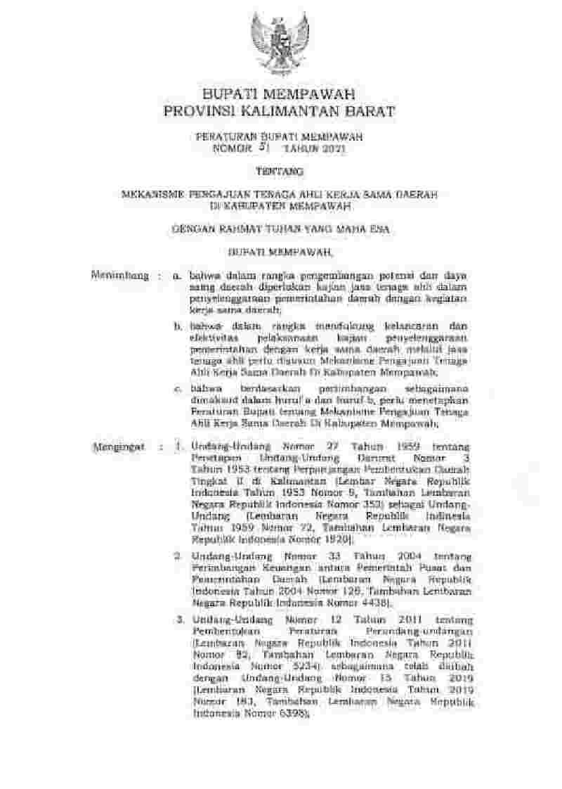 Peraturan Bupati Mempawah No 51 tahun 2021 tentang Mekanisme Pengajuan Tenaga Ahli Kerja Sama Daerah di Kabupaten Mempawah 