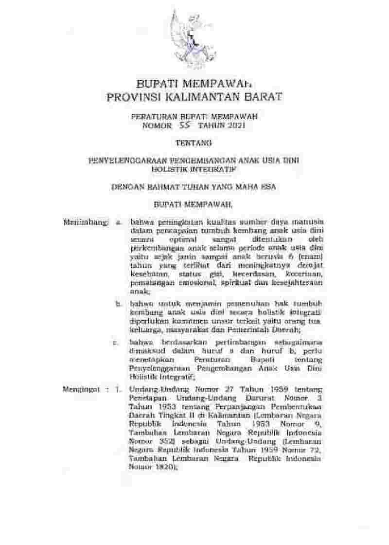 Peraturan Bupati Mempawah No 55 tahun 2021 tentang Penyelenggaraan Pengembangan Anak Usia Dini Holistik Integratif