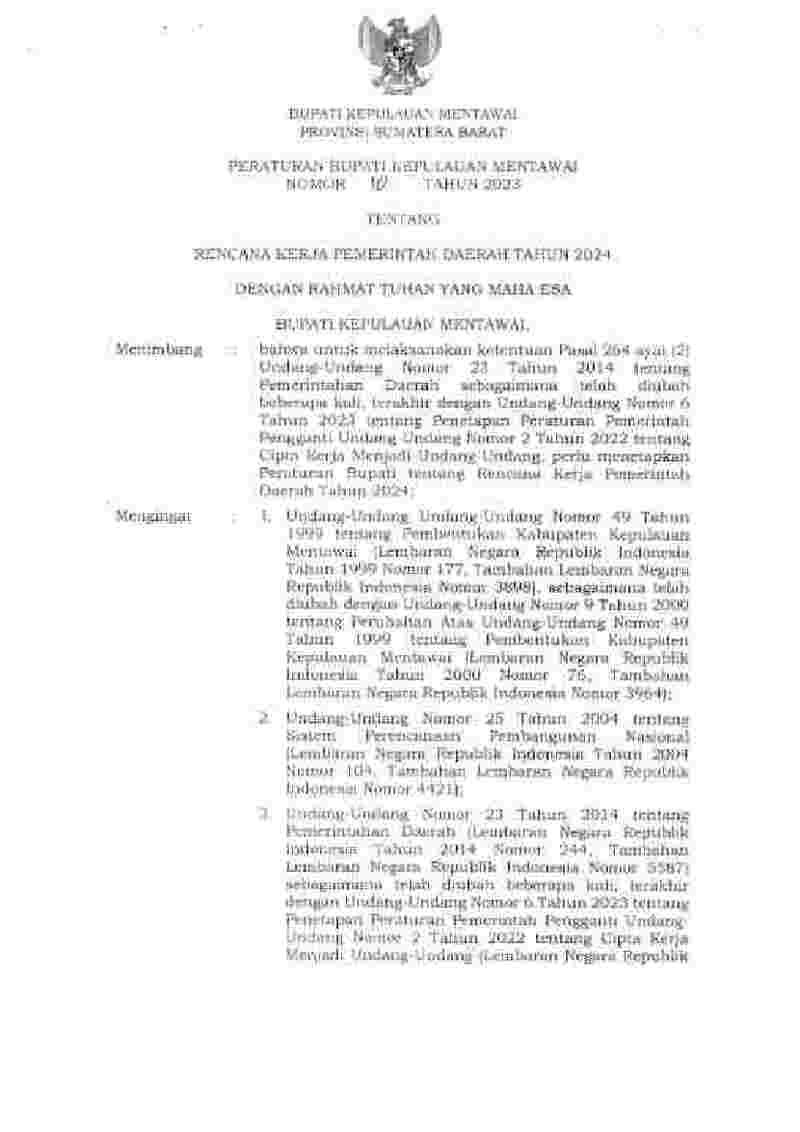 Peraturan Bupati Kepulauan Mentawai No 10 tahun 2023 tentang Rencana Kerja Pemerintah Daerah Tahun 2024